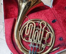 brass French horn in hard case