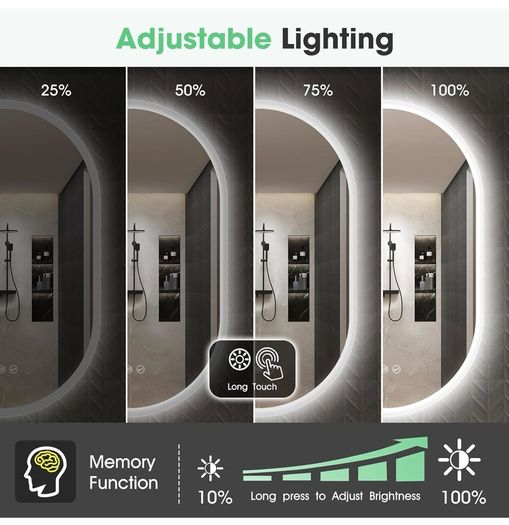 Oval Bluetooth Bathroom Mirror with LED Lights 500x800mm, Anti-Fog