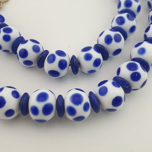 Antique Venetian Style White Blue Dotted Glass Beads Necklace