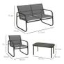 4-Piece Garden Set, 2 Armchairs, 2-Seater Sofa, Glass-Topped Table, Breathable Fabric, Steel Frame, Black Image 2