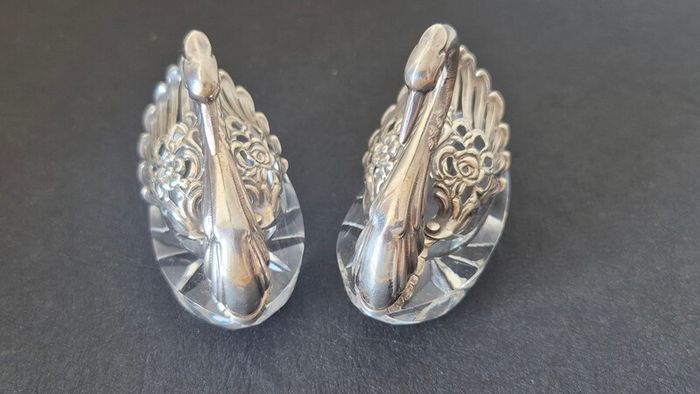 Rare vintage swan-shaped salt cellars crafted from 925 silver and cut crystal