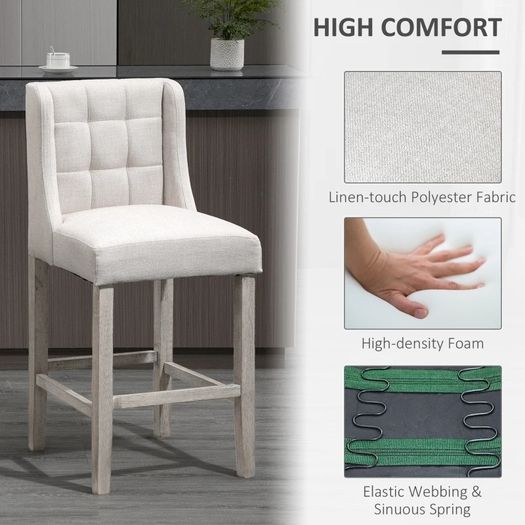 Set of 2 Bar Stools with Button Tufting, Solid Wood, incl. Footrest, 47 cm x 50 cm x 101 cm, Gray + Natural