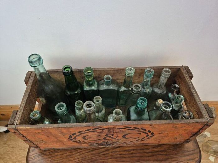 Vintage C&C Wooden Crate & Antique Bottle Collection 1970s / Victorian Era