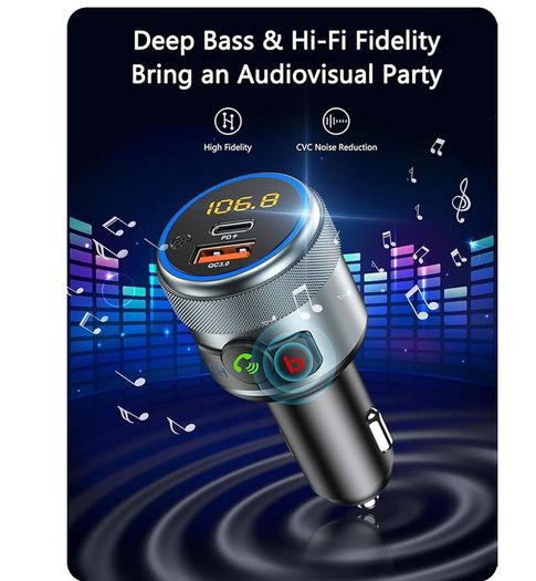 Car FM Transmitter, Wireless Bluetooth 5.1 Radio Adapter Car Kit with Big Button, Type C