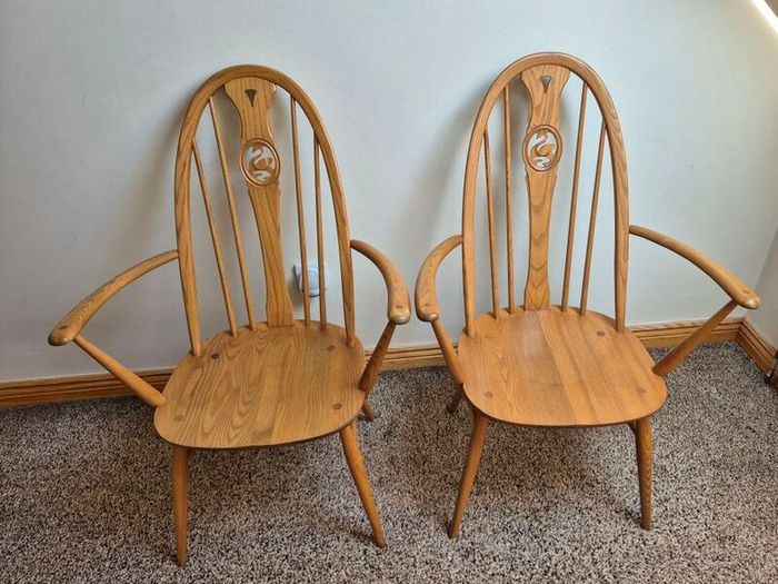 Pair of Vintage Ercol Blonde Swan Back Carver Dining Chairs