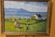 Oil-on-board landscape painting titled "Coastal Farm" by Irish artist Tom Lalor.