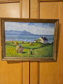 Oil-on-board landscape painting titled "Coastal Farm" by Irish artist Tom Lalor.