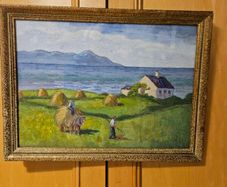 Oil-on-board landscape painting titled "Coastal Farm" by Irish artist Tom Lalor.