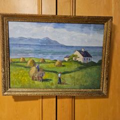 Oil-on-board landscape painting titled "Coastal Farm" by Irish artist Tom Lalor.