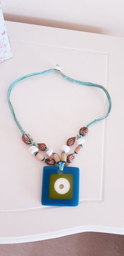 Necklace with Square Pendant and Coloured Beads