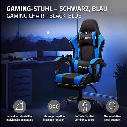 Gaming chair with massage function and footrest  aming Chair, Black/White, PU Leather, Ergonomic Office Chair, Adjustable Swivel Chair, Racing Gamer Chair with Armrest, Headrest, Lumbar Cushion, Footrest, Desk Chair
