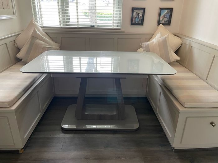 tempered glass extendable  table, driftwood colour base