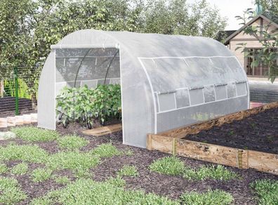 4 x 3 x 2 m Polytunnel Greenhouse w/ Roll-up Side Walls, Steel Frame Walk-in Grow House Tent w/ Zippered Door and 8 Windows and Reinforced Cover