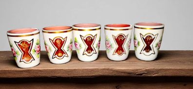 5 Czech Moser cased milk glass cut to cranberry