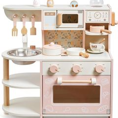 Wooden Play Kitchen for Kids Pretend Cooking Toy with Coffee Maker & Play Food Ages 3 to 6