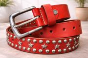 Red Leather Studded Unisex Belt Vintage Punk Star Rivet Belt Handmade Genuine Leather Waist Belt