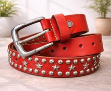 Red Leather Studded Unisex Belt Vintage Punk Star Rivet Belt Handmade Genuine Leather Waist Belt
