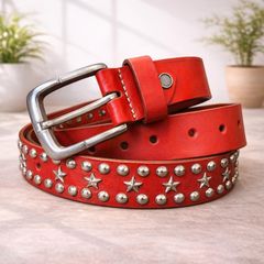 Red Leather Studded Unisex Belt Vintage Punk Star Rivet Belt Handmade Genuine Leather Waist Belt