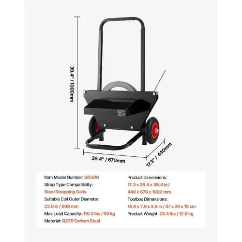 Banding Strapping Cart, Fit for Steel Strapping Coils with 600 mm Core Outer Size, Heavy Duty Strapping Dispenser with Rubber Wheels