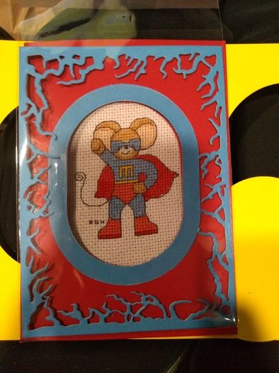 Homemade x-stitched cards:- Supermouse!
