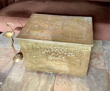 Large Ornate Brass Fireside Coal Box Embossed Tavern Scene
