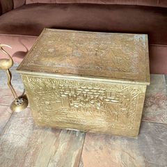 Large Ornate Brass Fireside Coal Box Embossed Tavern Scene