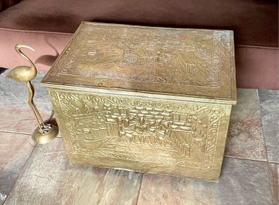 Large Ornate Brass Fireside Coal Box Embossed Tavern Scene