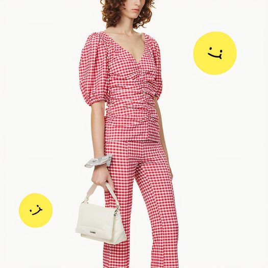 Ganni Red Pink White Gingham Check Ruched Tube Top 20UK/48EU