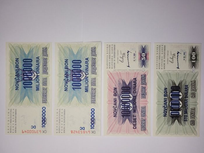 Bosnia - Herzegovina  100,000-100.000,000 Dinara, 1992-1994, 6 notes