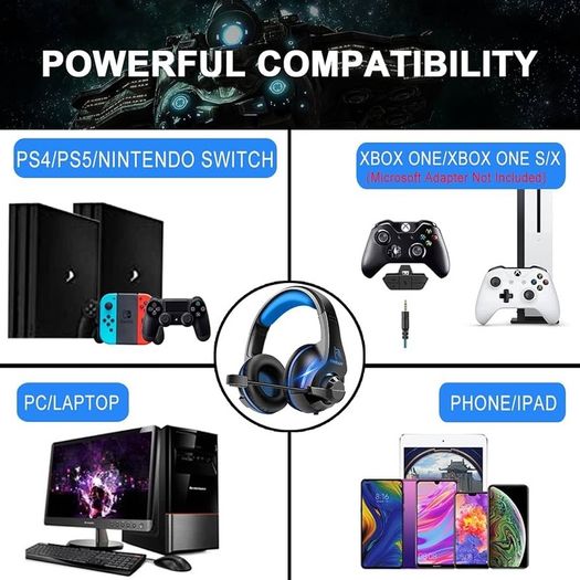 MULTIPLE COLOURS AVAILABLE Gaming Headset for PS4, Xbox One Headset with Mic Surround Stereo Gaming Headphones with LED Light, Compatible with Nintendo Switch PS5 Xbox Series X/S PC (USB Extension Cable Included), Blue