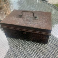 Antique Irish metal money box, prop, theatre TV, D18