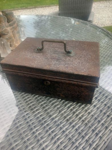 Antique Irish metal money box, prop, theatre TV, D18
