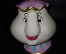mrs potts teapot, cups and money box