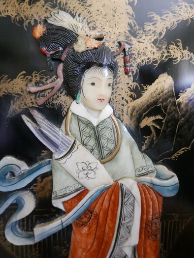 Vintage large Japanese Mother of Pearl Wall Panel / Black Lacquer Geisha Warrior & Floral ORIENTAL WALL ART