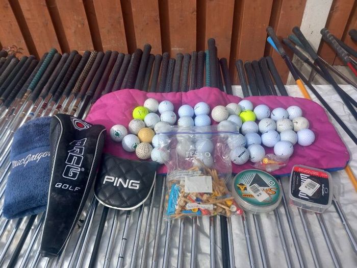 A selection of golf clubs and bags. Golf balls