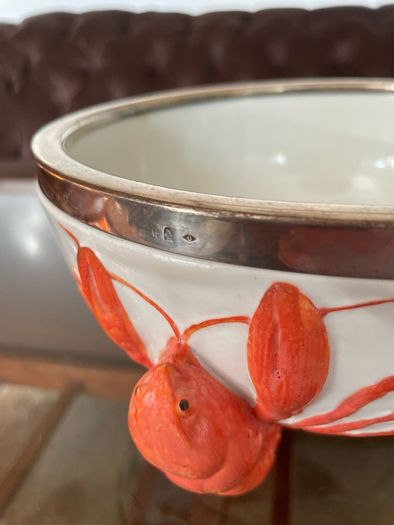 Antique WMF Lobster and Seaweed Silver Plated Trim Porcelain Round Serving Bowl 1920s
