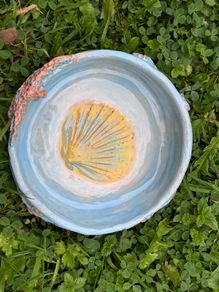 Hand building sculptural  artist Olena Dvoretska Ceramic Bowl with Shell Motif