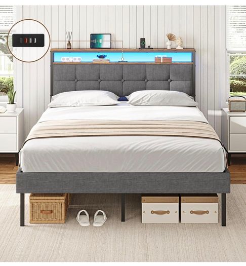 King Size Bed Frame 150x200 with Storage Upholstered Bed Frame with LED Lights & Charging Station Upholstered Storage Headboard/Under Bed Storage Noise Free