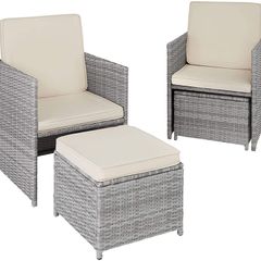 Rattan 5-Piece Garden Furniture Set with Dining Table, Armchair and Stool, for up to 4 People, Dining Set for Garden and Balcony, Includes Cushions, Various Colours