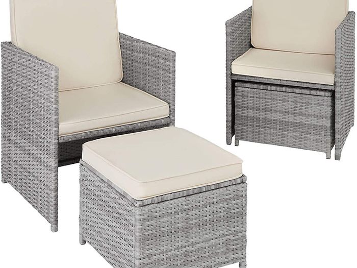 Rattan 5-Piece Garden Furniture Set with Dining Table, Armchair and Stool, for up to 4 People, Dining Set for Garden and Balcony, Includes Cushions, Various Colours