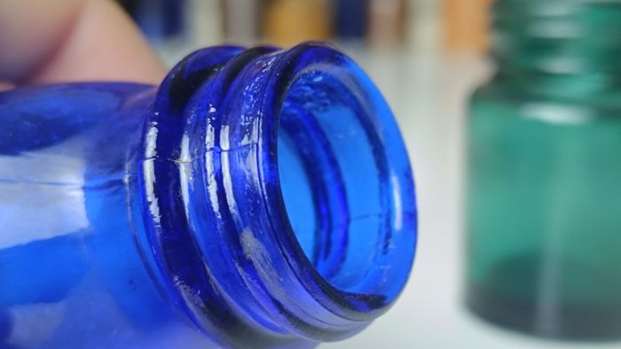 463 - Set of Three Beautiful Vintage Glass Decorative Collectible Bottles - Amber Eire Bovril, Cobalt Blue Magnesia and Turquoise Science Cream