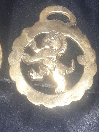2 Old Brass Horse Tackle Emblems and an Old Hand Carved Man