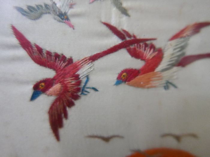 Antique Early 20c Chinese Silk Embroidery Birds Panel Framed - 23"x14"