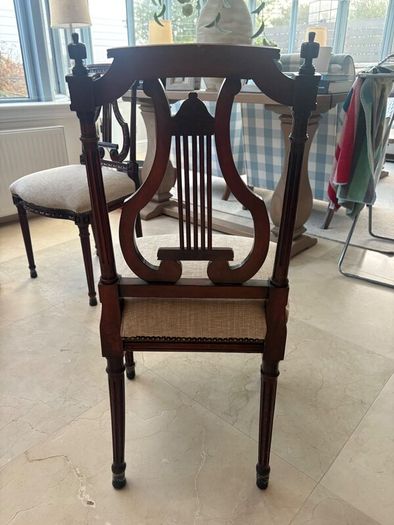Set of six vintage carved harp back dining chairs