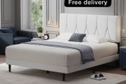 Double Bed Frame, White, Upholstered Wooden Slat Bed Frame with Headboard