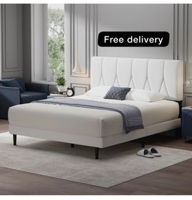 Double Bed Frame, White, Upholstered Wooden Slat Bed Frame with Headboard