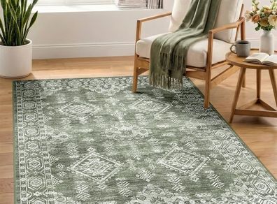 Area Rugs Living Room 120x180 cm, Washable Rug for Bedroom, Green  Soft Low Pile, Anti-Slip, Retro Geometric Style, Floor Covering for Dining Room, Kitchen, Hallway, Entryway, Office Indoor