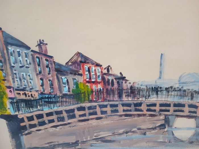 Oil Painting "Ha"penny Bridge Dublin". Frank Feld RHA.1986