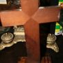 Antique Gold Spelter Christ on Cream Art Deco Pearlised Crucifix 14" x 7" Image 8