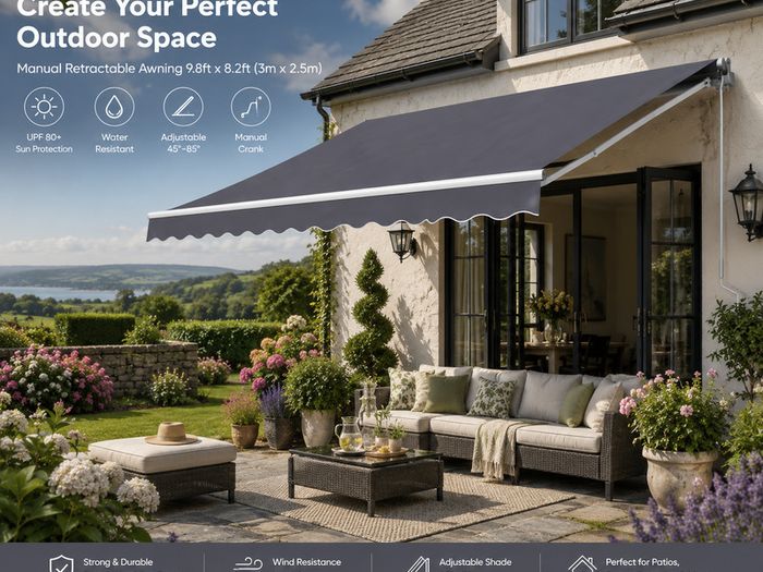 Manual Retractable Awning 9.8ft x 8.2ft 3m x 2.5m Outdoor Patio Sun Shade Dark Grey